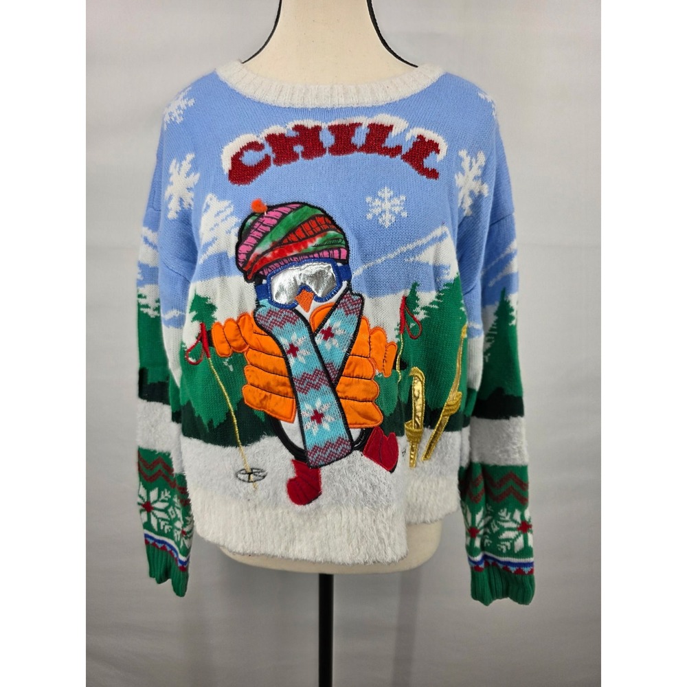 Major Major Womens Chill Skiing Penguin Ugly Christmas Sweater Blue Medium